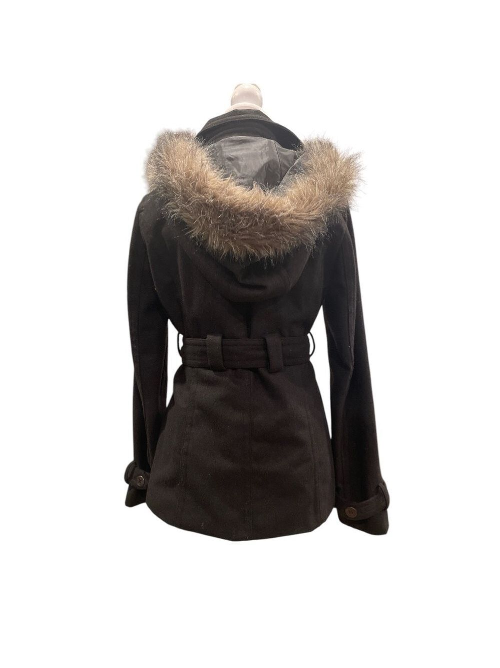 River Island Wool-Blend Belted Coat w/ Faux Fur Hood M | Black Military Style - Picture 5 of 9